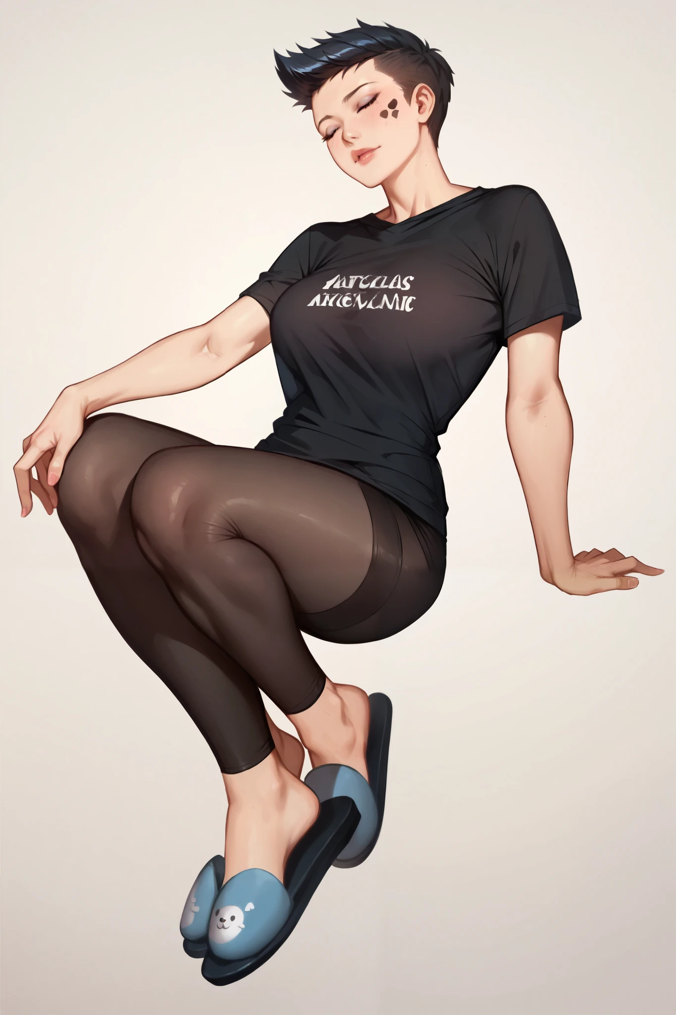 Score_9, score_8_up, score_7_up, Full body of 1girl , wearing black t-shirt, black leggings, black slippers, hyper dynamic scene, detailed face, perfect detailed hands, Masterpiece, High Resolution, Accurate, Anatomically Correct, Best Quality, Award Winning,