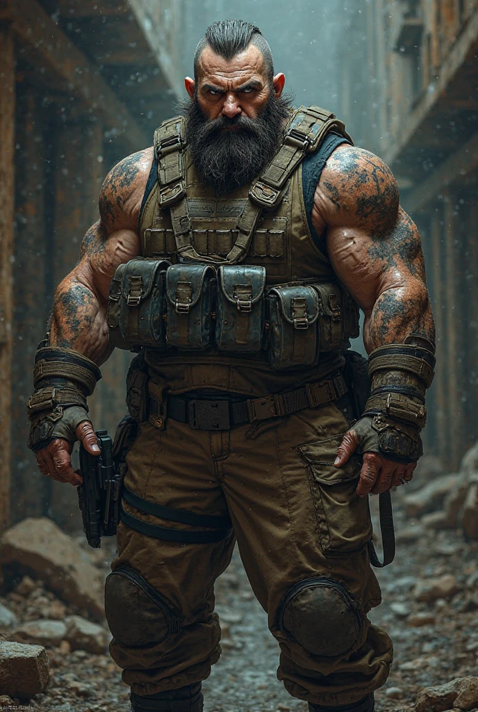 make a muscular man wearing hunter clothes , military cut, who has tattoos , gray hair, high, with a badge on his clothes that says hunter