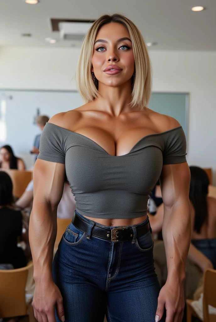 (Muscular young italian girl Maria Fiore), huge strong biceps volume, enormous firm tits volume, strong tonned exposed abs, muscular strong legs, bodybuilder muscles bursting in strength, exposed abs skin, brown ponytail, blue eyes, tight green tshirt and skirt, night park background, slight smile, sitting on wooden chair, leaning on wooden table