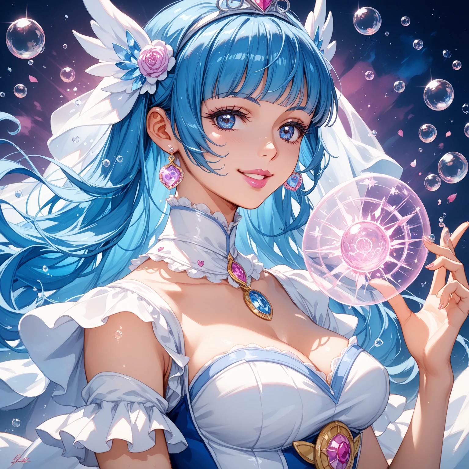 top-quality、hight resolution, masutepiece, Best Quality, 8K resolution, Sharp Focus, intricate detailes, Beautiful Girl, Sparkling eyes, Golden Ratio Face, Otherworldly liquid, watercolor paiting, ((pastel color right color, capricious, Colorful, Sharp Focus, hight resolutionであり, Fine detail, Princess Fantasy Ball Gown, ((Round eyes)), Iridescent bubbles, Castle landscape in the background