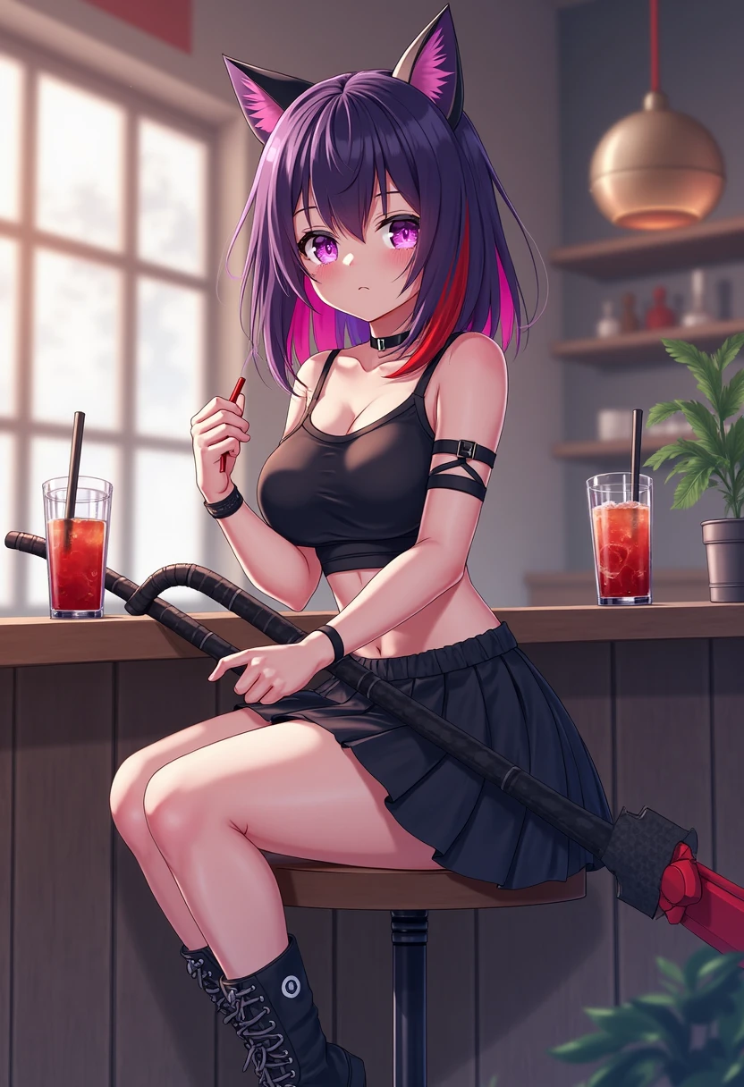 1 girl, solo, shot from side, looking to the side, short hair, sport thong, sport bra, (burgundy thigh highs), stockings, Long stockings, arm gloves, anklet, armlet, thighs strap, arm strap, chocker, sitting (sit down), full body, mature female, ass, thick, burgundy color, tavern, A picture taken from a video game, restaurant, bar stool,