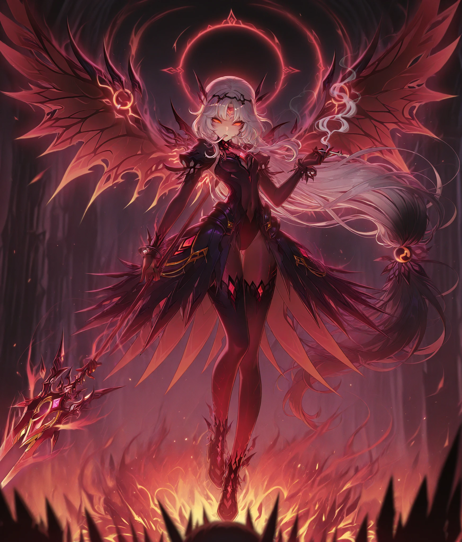 masterpiece, realistic, hyperrealistic, best quality, ultimecia, horns, red dress, plunging neckline, feather trim, black wings, facial marks, claws, full body, smirk, chaotic magic surrounding her