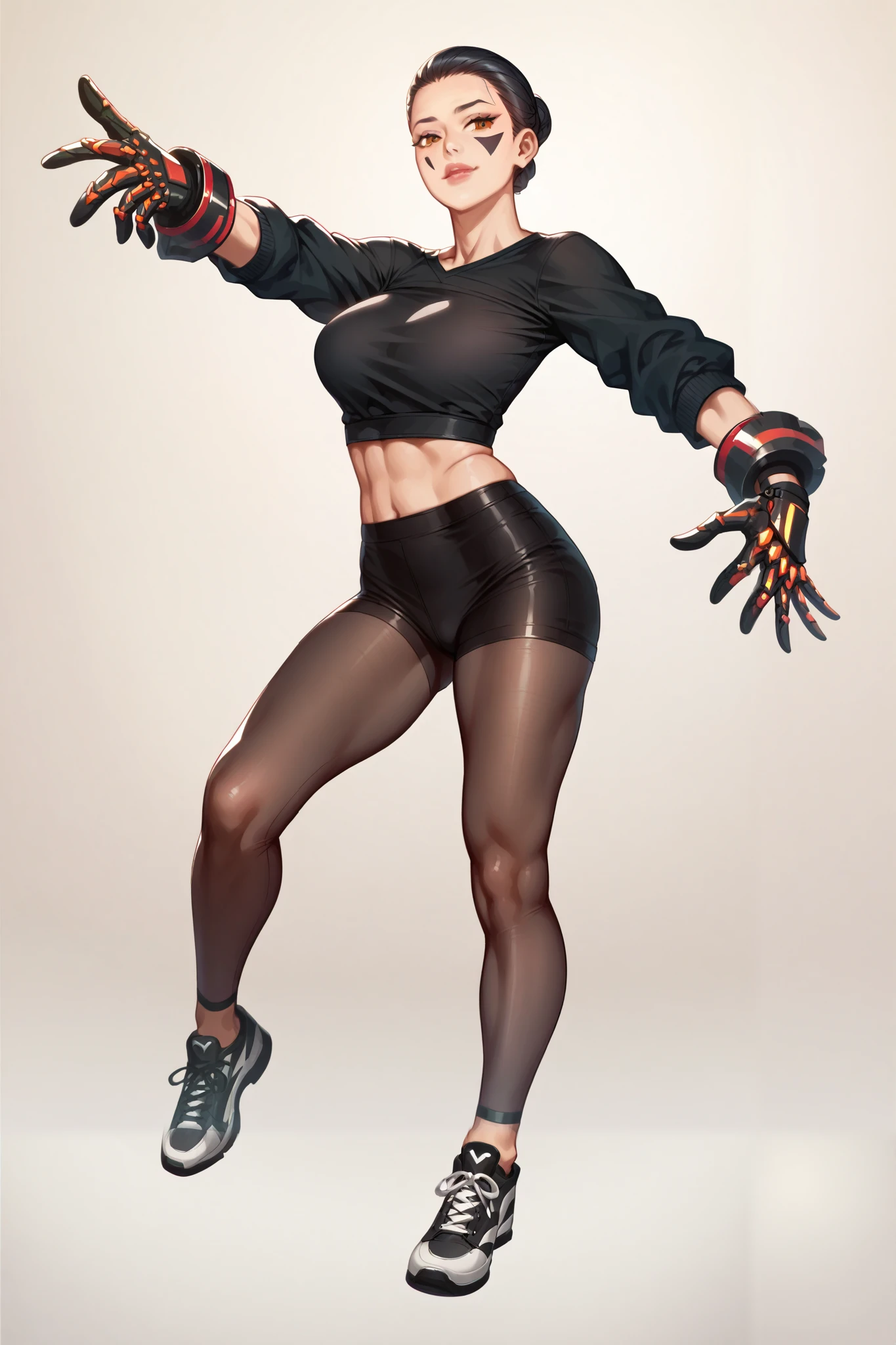 Score_9, score_8_up, score_7_up, Full body portrait of 1girl , wearing black top, black leggings, black flat shoes, hyper dynamic pose, detailed face, perfect detailed hands, Masterpiece, High Resolution, Accurate, Anatomically Correct, Best Quality, Award Winning, newest