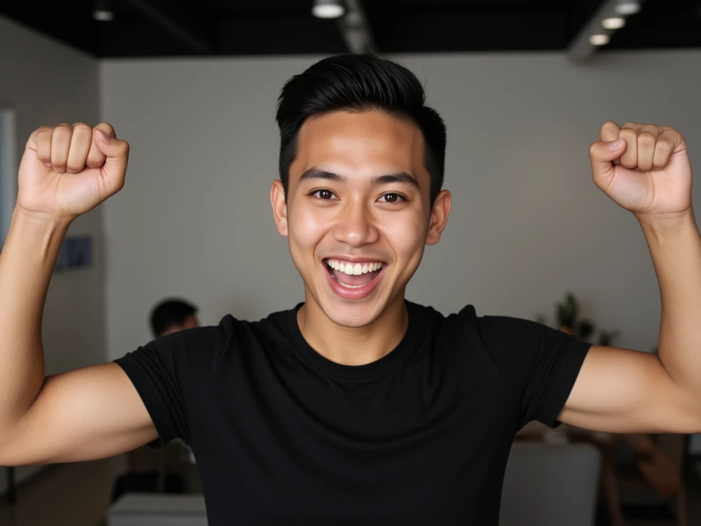 best quality, masterpiece, extremely detailed, 25 year old muscular bodybuilder indonesian man, wearing glasses, clean shaven, no facial hair, (smooth round face), (muscular bodybuilder), very cheeky smile, fitted clothes, glowing quartz crystal pendant, leaning against bookshelf, holding out hand towards camera, in library, afterhours, lights off, at midnight, cinematic shadows, dreamy atmosphere, perfect face, perfect hands, perfection