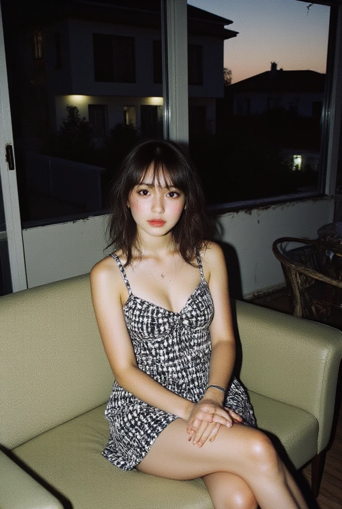 <lora:INSPHOT2:0.6>, Instantphoto, Fashion photography of 1girl, solo, natural skin texture, fluffy short hair, Camisole, realistic photo, vibrant details, finely detailed, wide angle, masterpiece, best quality, <lora:FilmG2:0.1>