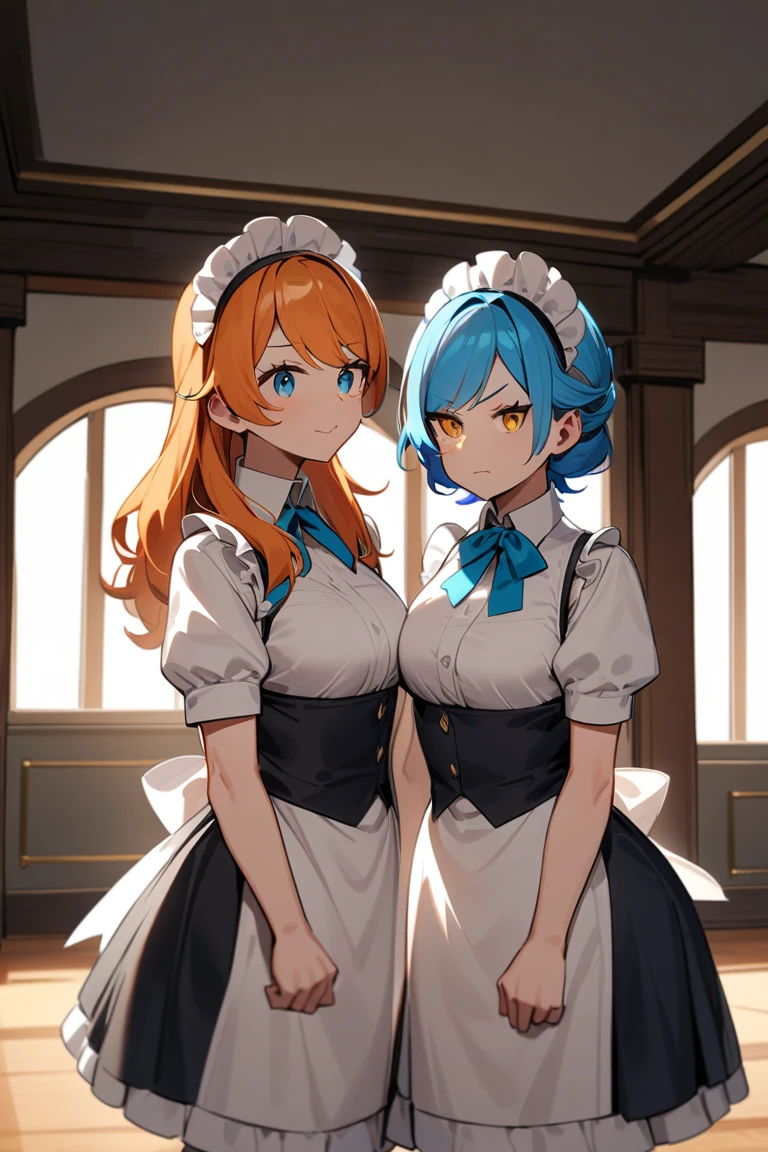 masterpiece,best quality,anime,(2d:1.2),indoors, 1girl, roswaal mansion maid uniform, solo, maid, cyan blue eyes, short hair,bow hairband, hair between eyes, detached sleeves, looking at viewer, red hairband,ribbon, bangs, bow, orange hair,red ribbon, black sleeves, window, long sleeves, apron, white bow, frills,ribbon trim,light smile, (two heads)