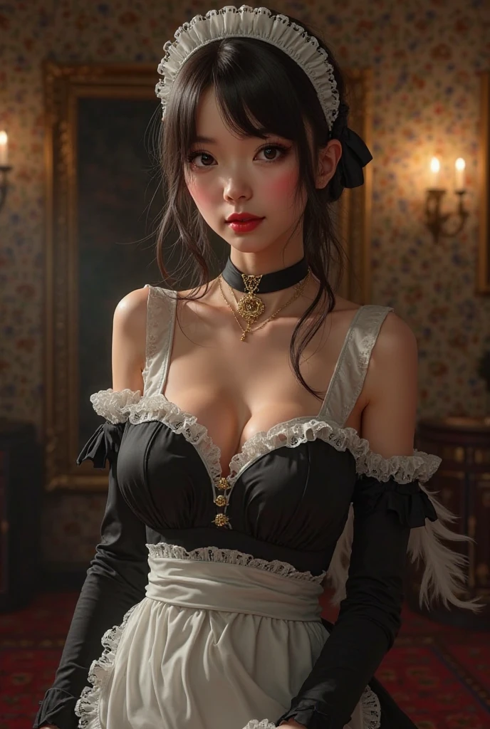 "Steampunk girl with a cat robot companion, poised in a candlelit room, eye contact with the viewer, captured in a wide-angle shot."