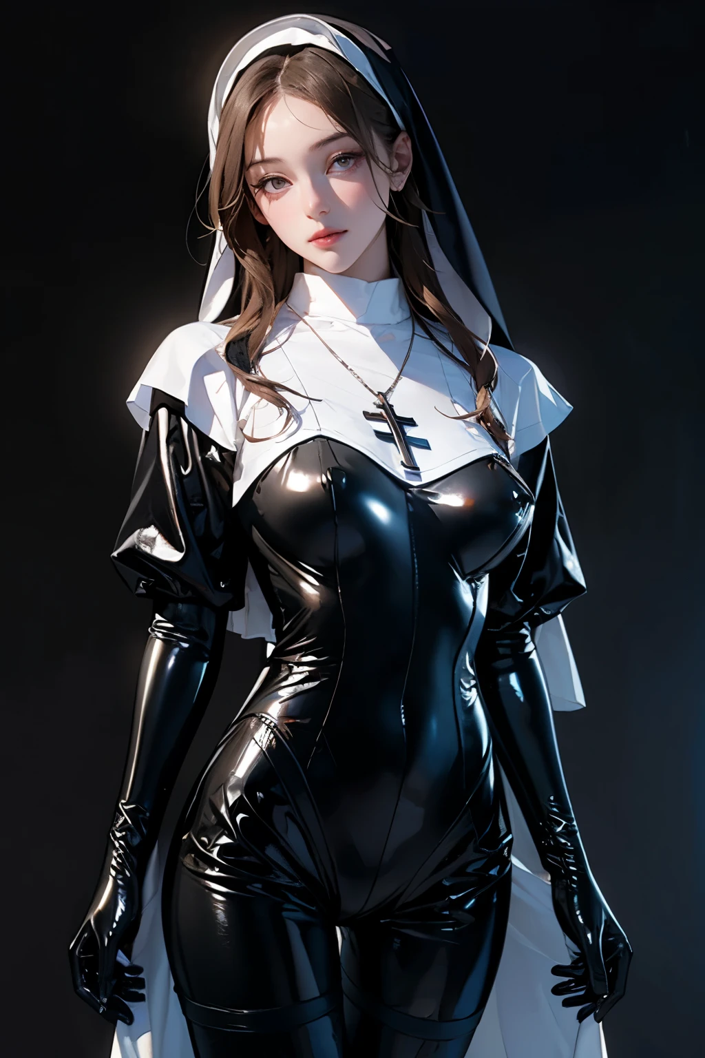 BEST QUALITY, masterpiece,high resolution,extremely detailed CG unity 8k wallpaper,realistic,brown black,1 Girl,alone, from city view , stands,cowboy shooting,Lemon 0033 , bodysuit,Gloves,nun,veil, cross necklace ,(Smooth and shiny skin:1.2),(latex skin:1.2),