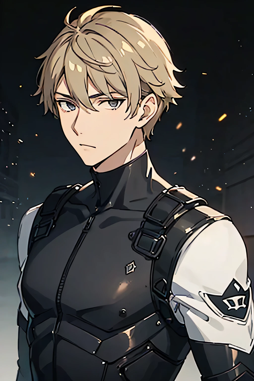 25 year old man, tall and thin body, wearing black bulletproof iron armor, a criminal, blond hair, gray eyes, facing forward, half body, hd