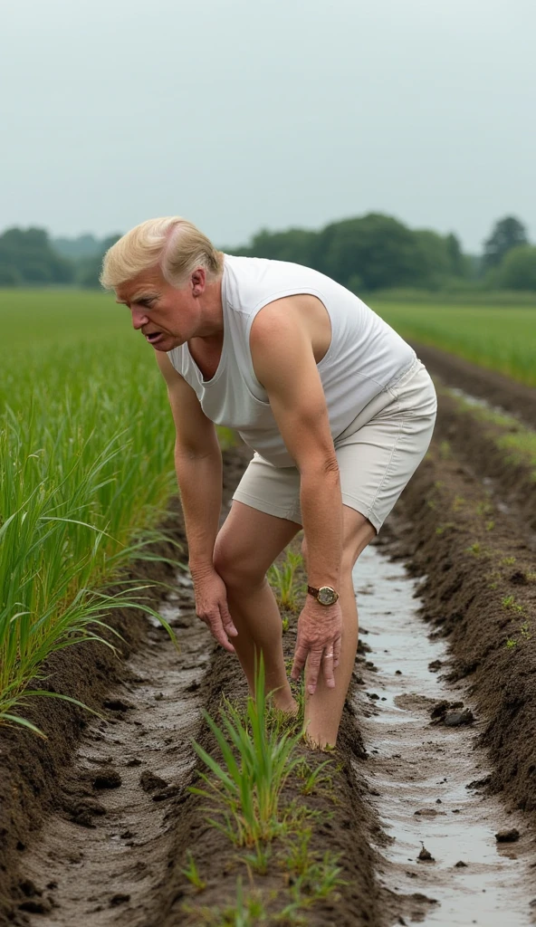 Wide Angle，In the center of the picture is Donald Trump wearing a white vest and thick cloth shorts，Embarrassed，Bend down，growing crops in the fields，The background is an endless rural field， muddy path after the rain stopped，realistic skin texture, high resolution, high contrast, BEST QUALITY,  masterpiece,  8,000
