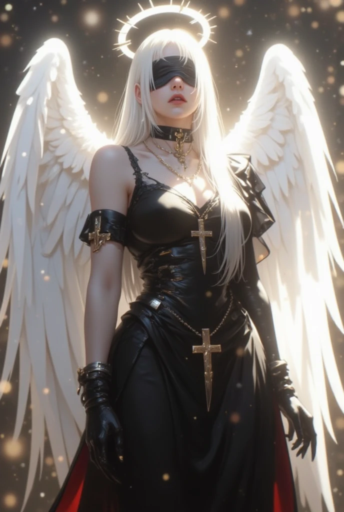 an angel brown skin woman, white wings, black dress, black cloak, long straight, white hair, Baby Bangs.  (dungeons and dragons art), (fantasy), (defined lines), (flat saturated colors), (cinematic composition), (perspective), (scketch style)