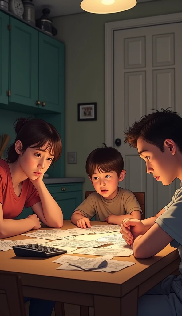 A highly realistic image of the same young boy, around with short black hair, standing in a small, dimly lit living room. The boy is wearing the same striped shirt and dark pants. He looks down at the floor with tears streaming down his cheeks, his shoulders hunched and his face flushed with shame and sadness. In front of him, his two parents are standing with angry expressions. The father, a tall man with a stern face, is pointing a finger at the boy, while the mother, with a disappointed look, has her arms crossed. The room is cluttered, with a small table and a few chairs scattered around, adding to the tense atmosphere. The scene captures a moment of emotional humiliation, where the young boy is clearly being scolded and shamed by his parents, highlighting a deep sense of vulnerability and emotional pain.