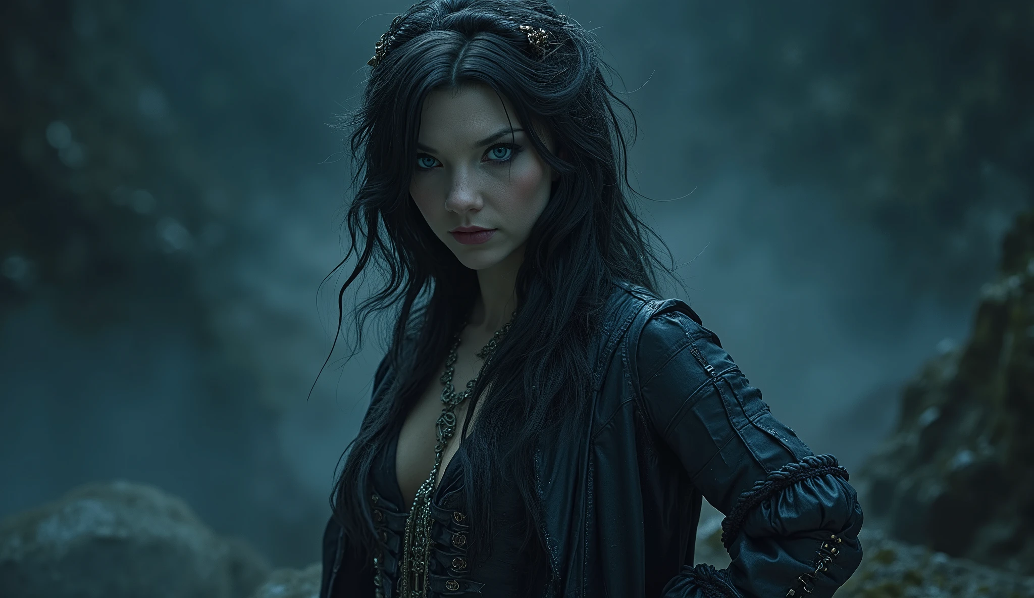In the heart of a shadowy realm, a striking pirate queen stands defiantly, her elaborate outfit a tapestry of dark leather and shimmering metal. Her long, slightly distressed black hair cascades like a waterfall of night, framing a face that boasts piercing blue eyes, fierce and captivating, glinting with mischief and power. Intricate details of her attire—gothic punk motifs—are revealed in the glint of silver studs and the sharp gleam of metallic zippers that snake across her corset, each element meticulously crafted, telling tales of battles fought and treasures won.The background is a swirling tempest of deep indigos and charcoals, evoking a sense of foreboding, as if the very shadows conspire with her. Wisps of fog curl around her feet, hinting at the mysteries of the sea, while hints of distant storms flicker at the edges of perception. The illumination is dramatic, a chiaroscuro dance of light and dark, casting stark contrasts that accentuate the sinewy strength of her pose and the elegance of her attire.The composition pulls the viewer's gaze towards her, a dynamic interplay of lines and angles that guide the eye through the chaos of the environment to the queen herself, who stands as a commanding figure amidst the gloom. The perspective is slightly low, granting her an imposing stature, as if she is both ruler and tempest, ready to unleash her fury upon the world. Each detail, from the delicate embroidery of her sleeves to the fierce expression that dances across her lips, breathes life into this formidable character, making her not just a figure of art, but a living legend encapsulated in a moment of sublime intensity.