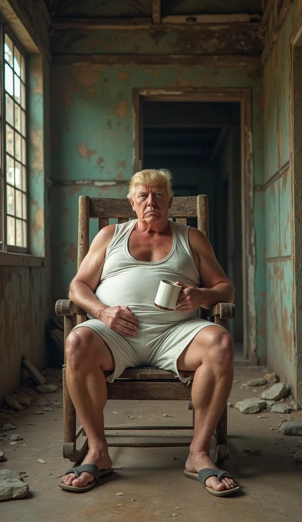 Wide Angle，The center of the picture is donald  wearing a white vest，in thick cloth shorts，Sitting in a house in the chinese countryside, dilapidated rocking chair, I have a cup on my belly，realistic skin texture, high resolution, high contrast, best quality, masterpiece, 8,000
