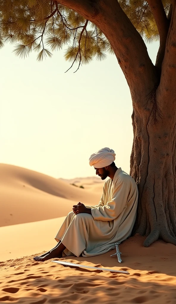 In the ancient times, a man in the Arab country was praying in the desert with a camel