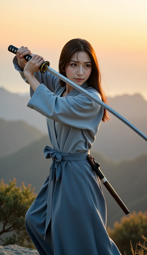 A lone sword woman, standing gracefully in the midst of a serene and peaceful forest clearing. Her long, flowing hair cascades down her back, swaying gently with each breath she takes. She wears a simple yet elegant white kimono, adorned with intricate embroidery that seems to blend seamlessly into the surrounding nature. The woman's slender fingers rest lightly on the hilt of her sword, which hangs loosely at her side, its polished blade catching the faint rays of sunlight that manage to pierce through the canopy of trees above. Her eyes are closed, her face serene and peaceful, as she engages in deep meditation, seeking solitude and inner calm within the embrace of nature. The air around her seems to hum with an ethereal stillness, punctuated only by the occasional song of a distant bird or the rustle of leaves in the gentle breeze. The woman's presence is powerful yet understated, a testament to her mastery of not only her sword, but also her own mind and spirit., upper body portrait, detailed face, detailed skin, detailed texture, detailed environment, sharp focus, depth of field, 8k photo, HDR, professional lighting, taken with Canon EOS R5, 75mm lens