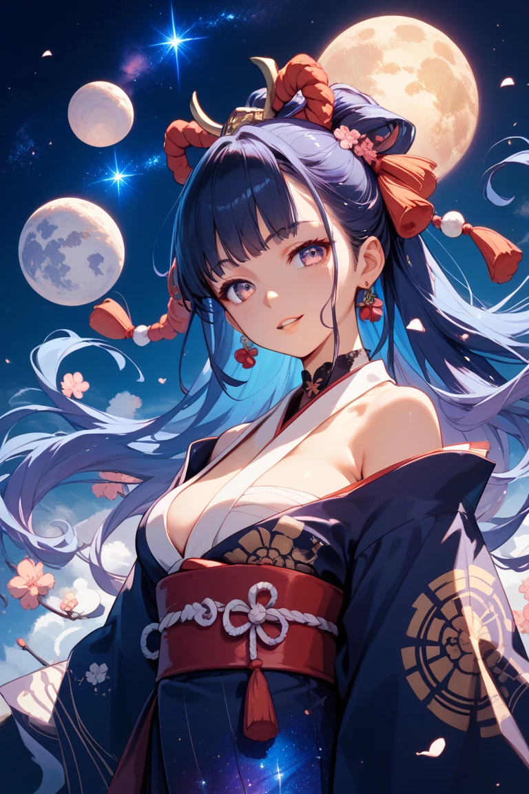(super detailed:1.3), ((((best quality)))), ((masterpiece)), female kitsune, blue hair, long flowing hair, big green eyes, pink lipstick, full lips, (outfit between a black kimono and cocktail dress), (silky fabric), (low-cut neckline), (form-fitting waist), (short, asymmetrical skirt), (delicate floral patterns on the fabric), (sash tied around the waist with a large bow), (fox ears and fluffy tail), (bare shoulders), (elegant and sexy), (traditional meets modern style),(medieval Europe apartment background), window, (nighttime, blue moon,starry sky :1.2),((dark blue hair, light blue undertones:1.2)),angry expression,dagger strapped to leg,medium breasts