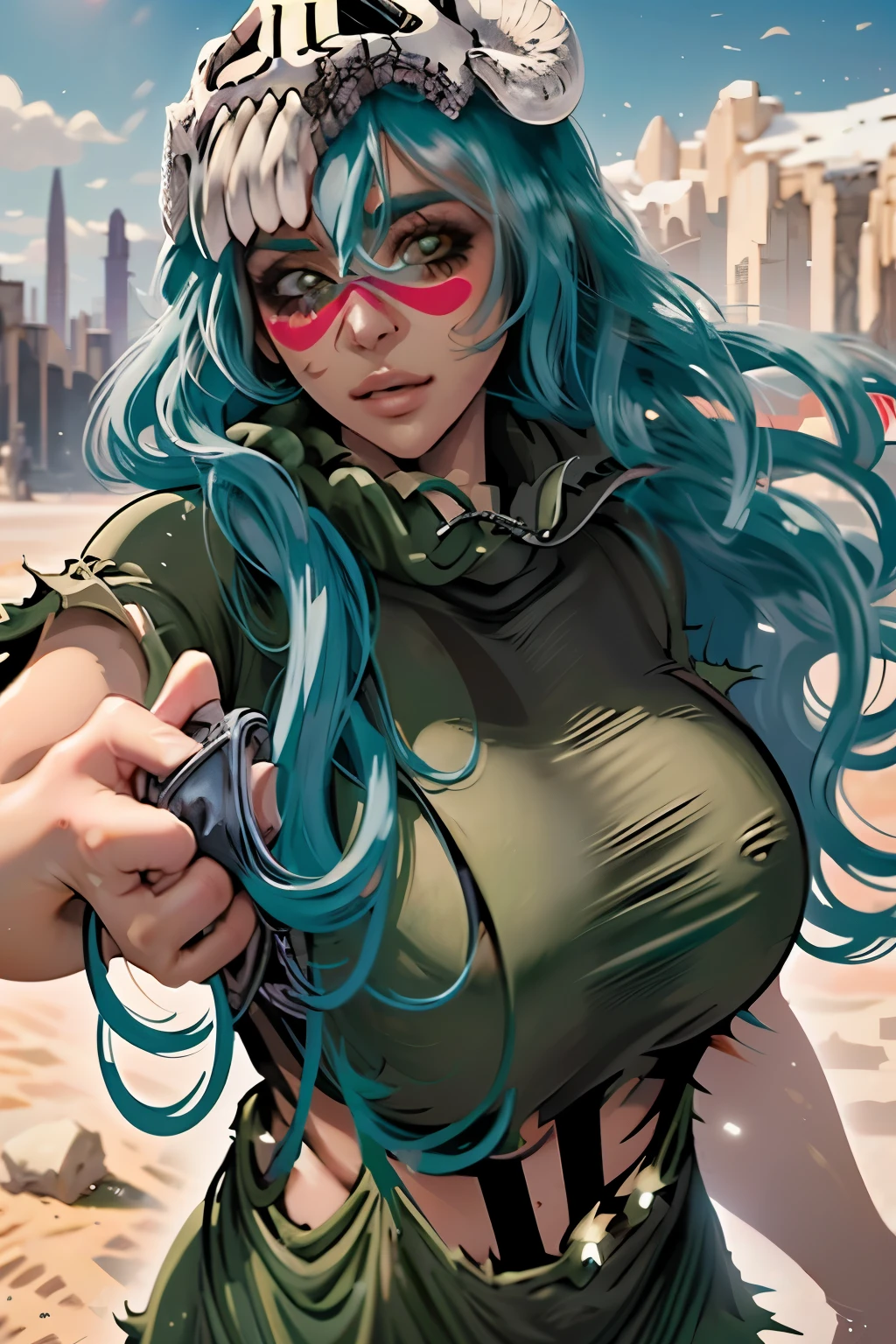 (((Perfect digit,digit,odelschwanck,green clothes,(((inside, long hair, facial markings, hair between eyes, skull,skirt,yellow eyes,Under-type digit:1.7))),((masterpiece)),High resolution, ((Best quality at best)),masterpiece,quality,Best quality,((( Exquisite facial features,looking at the audience,There is light in the eyes,happy,An interlace of light and shadow,huge ))),(((looking at camera,desert background,fighting stance)))