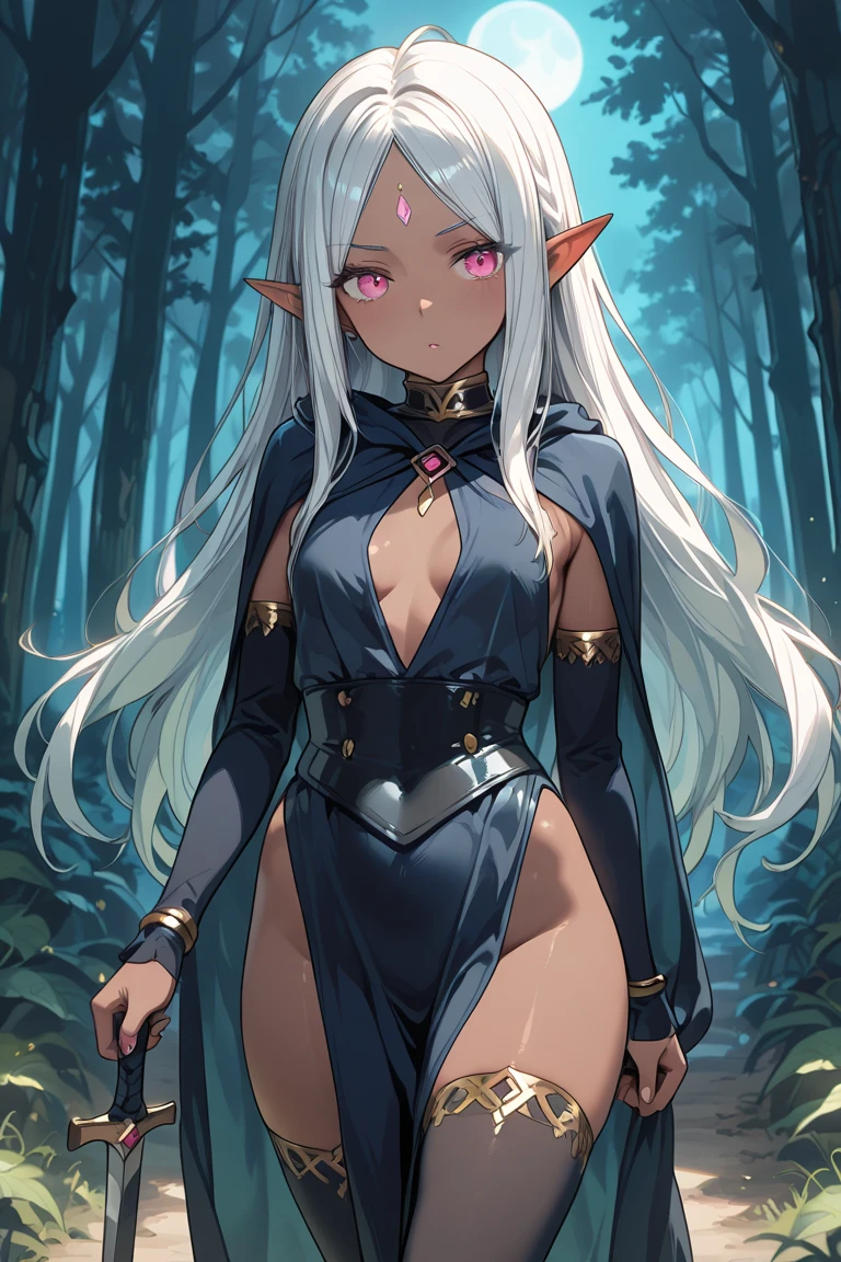 anime girl with white hair and black outfit posing in front of a rainbow, elf girl, full body