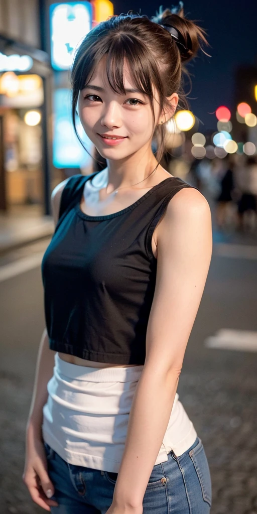 1 Girl, Tokyo Street,night, Streetscape,City lights,Upper Body,close,smile,, (8K, Raw photo, highest quality, masterpiece:1.2),(Realistic, photo-Realistic:1.37),