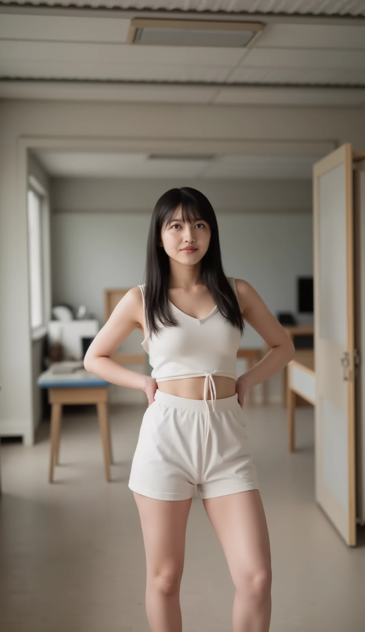 best quality, 8k, masterpiece, Ultra High Resolution, (photorealistic: 1.4), RAW photo, ( black Hair, long hair ), (wearing tank top), (Tied at the waist:1.3), slim abs: 1.1, (((Standing leaning forward in the classroom、bare legs ))), ((big natural breast , huge breast , Big natural breasts)),solo, ((full body:1.4)), (kuboshi)