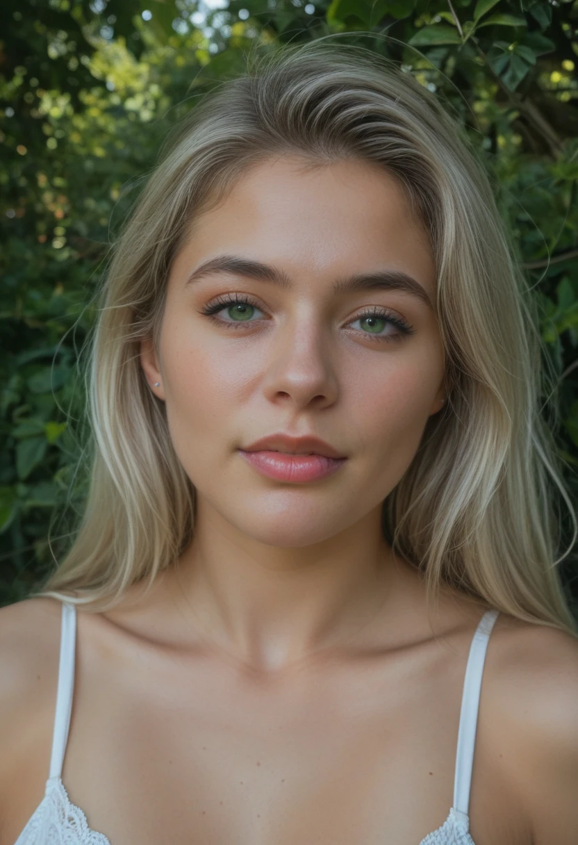 Ukrainian girl, white hair, (((dark blonde hair with shine))), ((light green eyes)), shine in her eyes, ultra-realistic, detailed textures, imperfections in the facial skin, ultra-detailed lips, bag slightly under the eye, small pores on skin and spots on face, dramatic, cinematic, ray tracing, black top, photography, visual novel, smiling, sunlight, film grain, finely detailed skin, edge lighting, lighting hard, ((hasselblad Photographyy)) (8K, 16k, HD, DSLR camera), (raw photo:1.2), (Best quality:1.4), (High quality:1.4), (Masterpiece:1.2), (realistic :1.3), (photo-realistic:1.4), ultra detailed, (grainy:0.4)