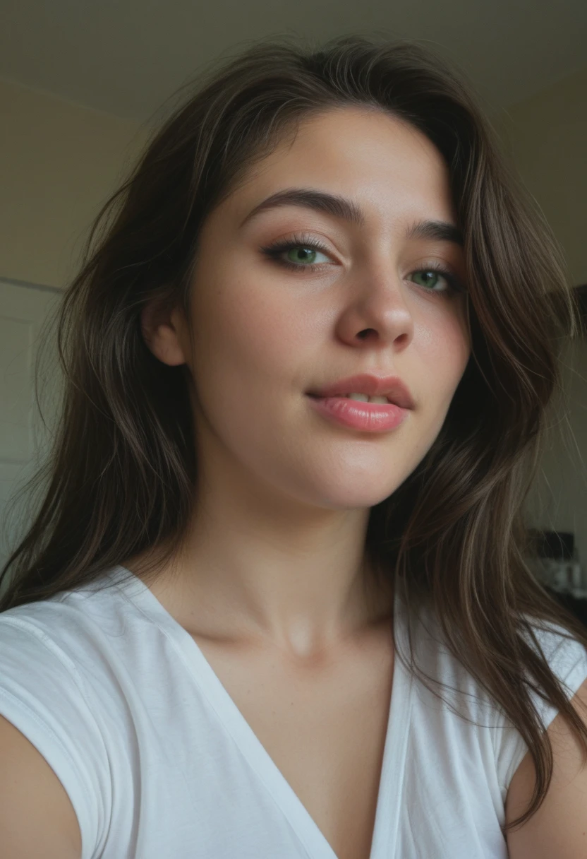 photo of a Mexican woman. Adapts to the face. 45 years, Sharp chin, photo RAW, masterpiece,  Very detailed photo, digital SLR camera, photorealistic 3.9, ultra high resolution, of high quality, pink lips, perfect makeup, big, bright green eyes, white