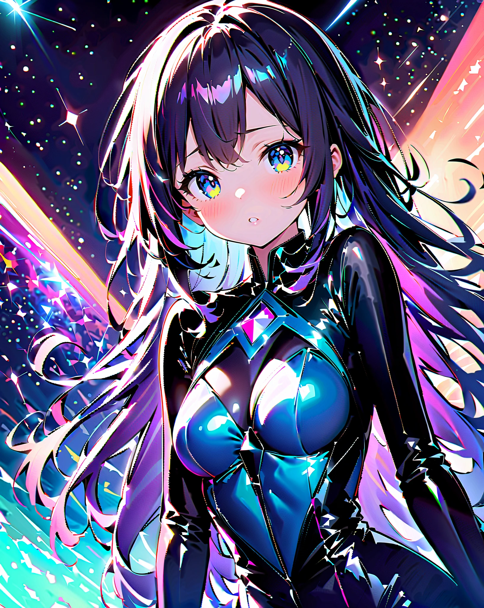 (masterpiece), best quality, expressive eyes, perfect face, Girl,long dark iridescent hair, iridescent eyes, small waist, small , large thighs,latex clothes