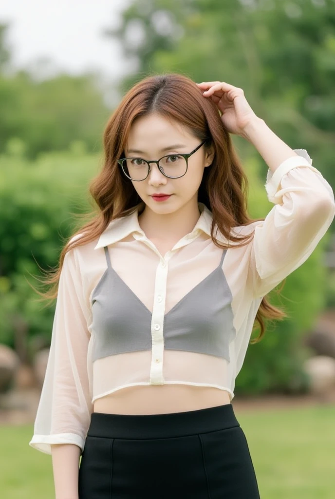 ((medium chest, tomboy girl, small head)), daylight, sunshine, (perfect body: 1.1), , (short wavy hair: 1.2), choker, full body photo, transparent panties, ((transparent white short t-shirt)), ((miniskirt)), (extremely detailed CG 8k wallpaper), (an extremely delicate and beautiful piece), (masterpiece), (best quality: 1.0), (high resolution: 1.0), , beautiful lighting,  ((stiff nipple)), camel's foot, perfect lightning, pulled skirt, realistic shadows, [highres], detailed skin, ultra-detailed, thigh open, one leg up, crouched on the floor, black at thigh height, red high heels, large earring, thighs, (((color)))), (loosely worn top), beauty mark, bottom angle, photo facing the camera, no bra, glasses, orange hair,  pubic hair, skirt aside, ((legs spread)), transparent pantyhose, open shirt, transparent sleeves, transparent, real woman, Realism