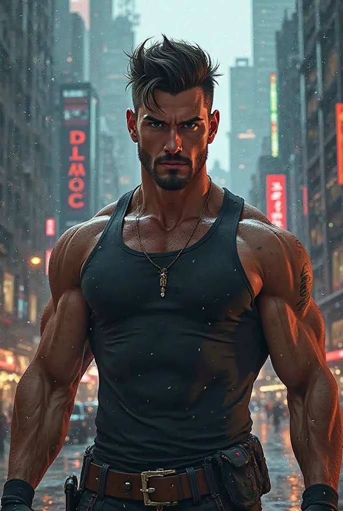 Highest quality,masterpiece,Ultra HD,Detailed Background,male,Giant walking on the road,car at my feet, Muscular, (middle aged), Black Hair, Wolf Cut, ((naked)), Town,As tall as an office building