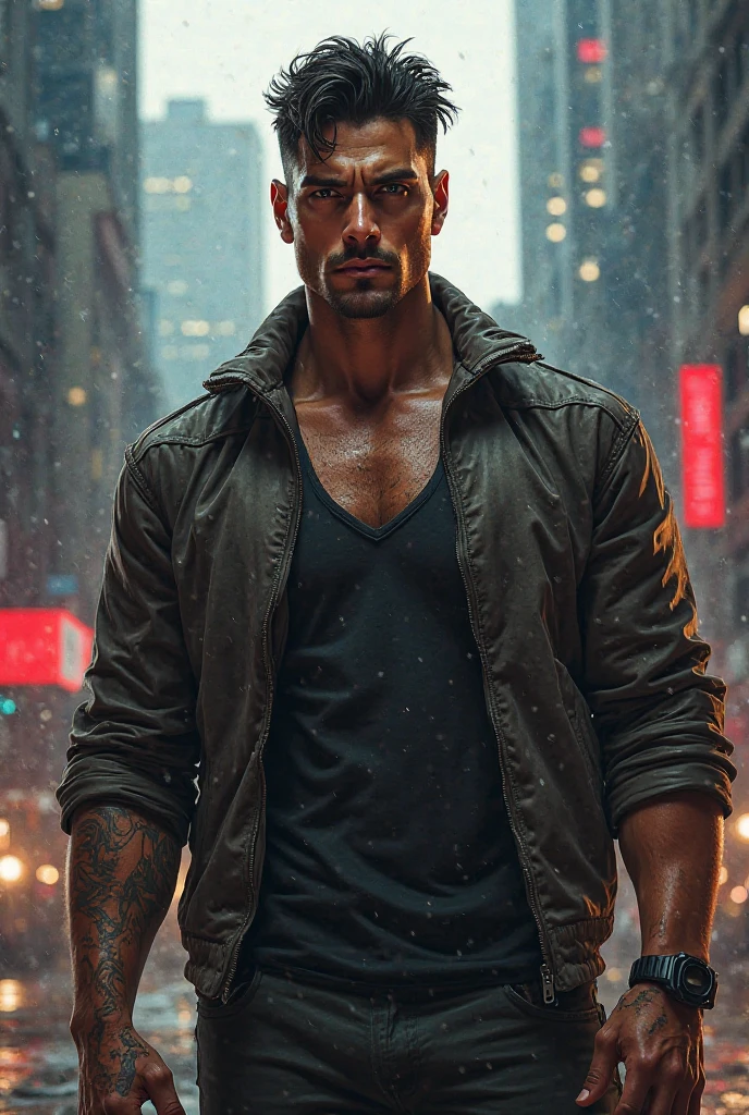 CristianoRonaldo((Best quality, A high resolution) detailed, Realistic, whole body, Handsome young(((one man))), (European appearance), skin texture, dynamic movement, Jeans, Dark jacket, (brunette), great atmosphere, night, hips, blur depth, Danger, Photography 8k, lamps, muffled light, street, complex background