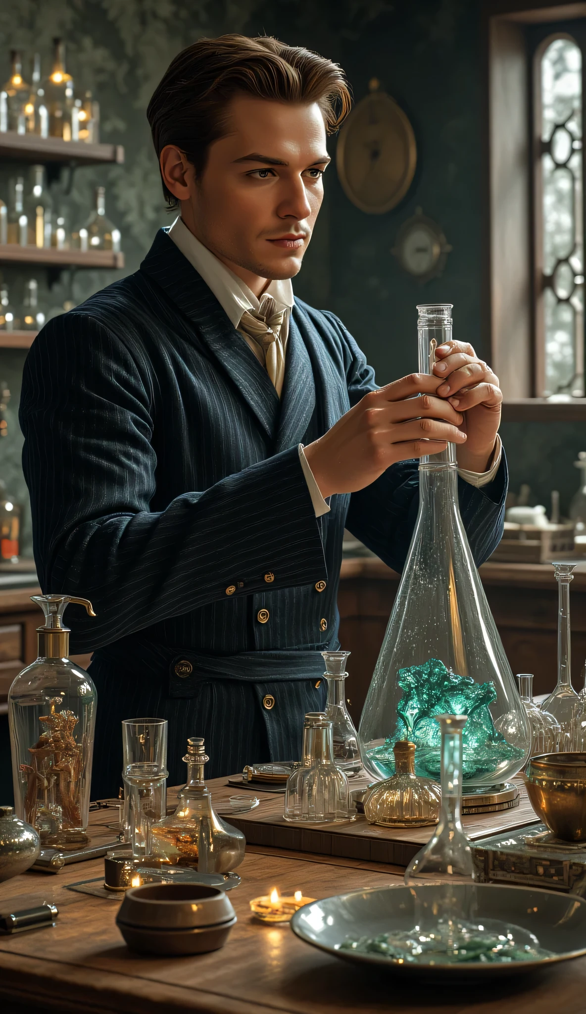 **Prompt:** Wider long zoom out scenery. Create a hyperrealistic digital artwork depicting a 19th-century Danish male chemist in a stunning steampunk panoramic laboratory. The scene should highlight a full-body portrait of a handsome young male character, with a warm smile, as he carefully examines a chemical glass tube filled with liquid aluminum boiled thick slime and showcases an array of chemical glassware on an expansive fill with aluminum slime, intricately detailed long table in the foreground. Utilize a wide-angle camera lens perspective to capture the elaborate features of the aluminum laboratory, brimming with glass instruments and innovative alchemical techniques. The character should possess a blend of facial features inspired by actors like Johnny Depp, Hugh Jackman, and Nicolas Cage, resulting in a captivating and unique visage. Dressed in authentic 19th-century attire, he should embody a dynamic presence in the artwork. Strive for a balanced composition, utilizing octane 3D rendering techniques to achieve ultra-realistic textures and details. Pay close attention to optimal photography composition and image aperture settings, ensuring depth of field is achieved through a slow shutter speed effect that enhances realism. Render the piece as a RAW photo image with a photorealistic style that breathes life into the world of alchemy. Integrate elements that resonate with the steampunk aesthetic, drawing inspiration from high-quality video game artwork, all while embodying the craftsmanship and artistry of alchemy. The final art should showcase realistic human anatomy and the intricate beauty of historical glassmaking techniques, culminating in a breathtaking representation of the alchemist's realm. ToxicPunkAi Artwork.