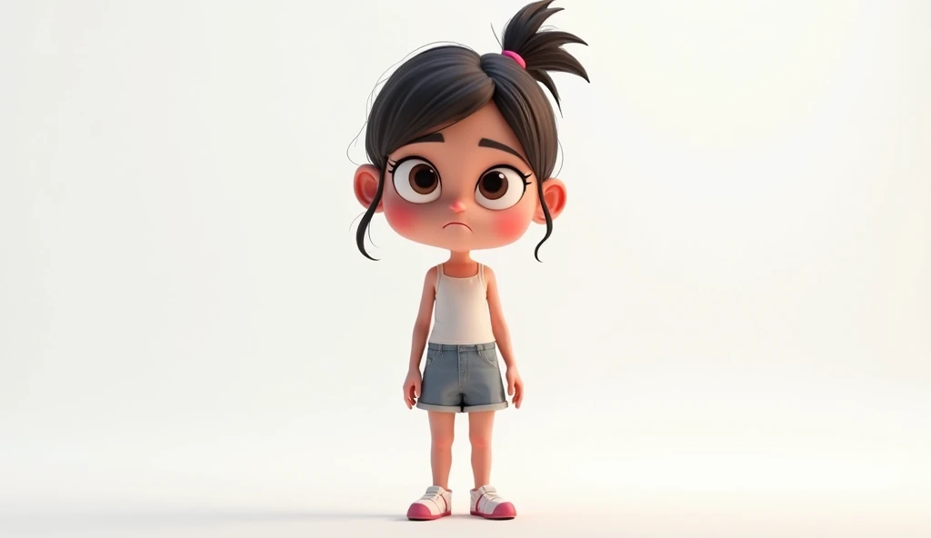 A boy with long hair tied in a ponytail wearing a white t-shirt and jeans.