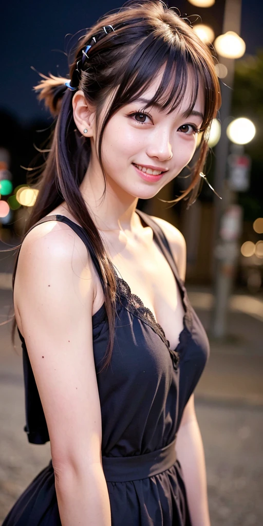 1girl, Tokyo street,night, cityscape,city lights,upper body,close-up,smile,, (8k, RAW photo, best quality, masterpiece:1.2),(realistic, photo-realistic:1.37),