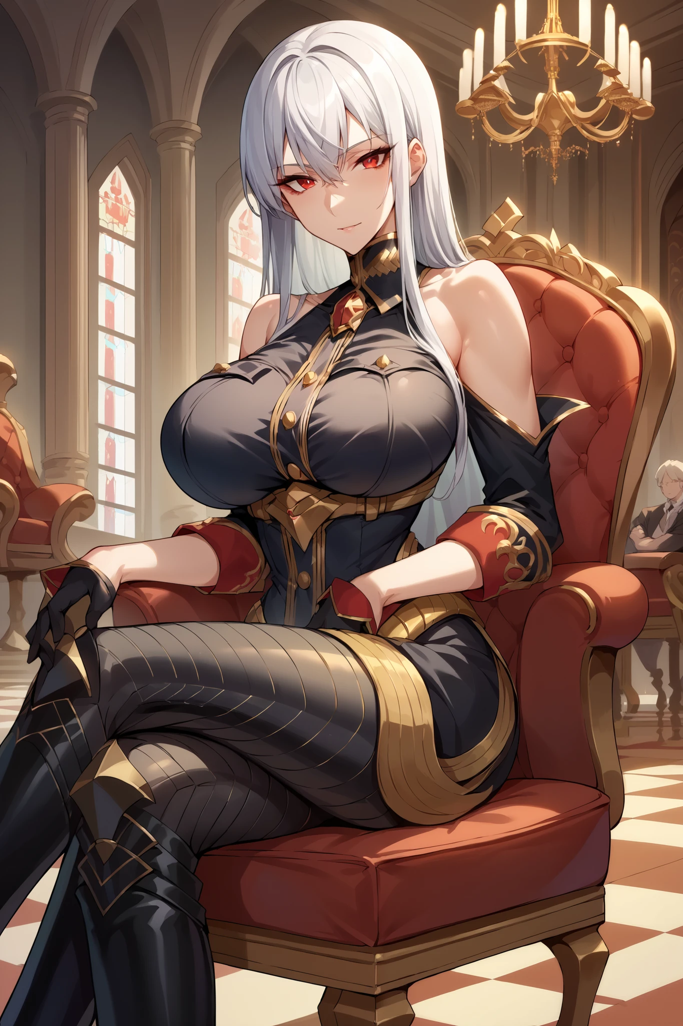 smile, score_9, score_8_up, score_7_up, score_6_up, source_anime, BREAK 1girl, selvaria, very long hair, black shirt, shoulders, belt, black leggings, detached sleeves, black gloves, , sitting, chair, fancy chair, chandelier, looking at you, mansion interior, crossed legs, black boots