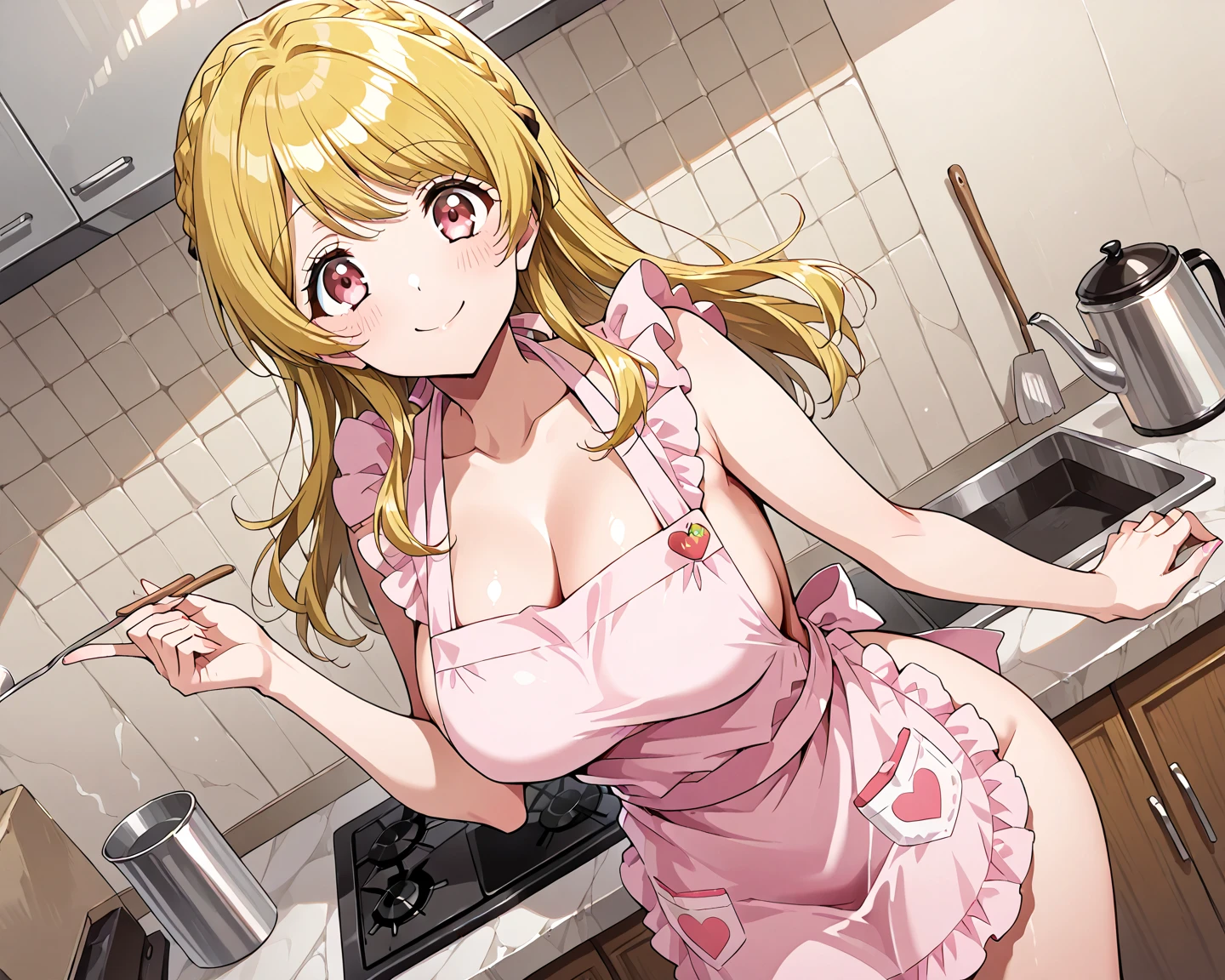 aikatsu,Blonde_HAIR,RED_HAIR_band,masterpiece,{a cartoon character is posing in kitchen wearing an apron and a dress, 1girl, hoshimiya ichigo, apron, blonde hair, long hair, breasts, solo, smile, naked apron, large breasts, cleavage, stove, looking at viewer, blush, kitchen, pink apron,