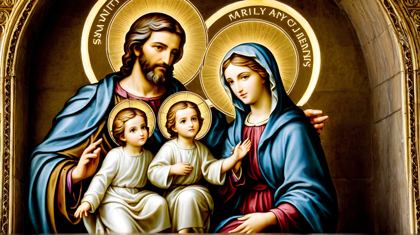 A closeup of a painting of a man and a woman holding a , iconografia sagrada, Com o Menino Jesus, retrato da obra-prima religiosa, obra-prima altamente detalhada, iconografia religiosa, pintura religiosa, roman Catholic icon, pintura religiosa renascentista, Catholic icon, Arte Sacra Renascentista, catholic religious art, obra-prima detalhada, Dirigido por: Cristofano Allori, por Duccio