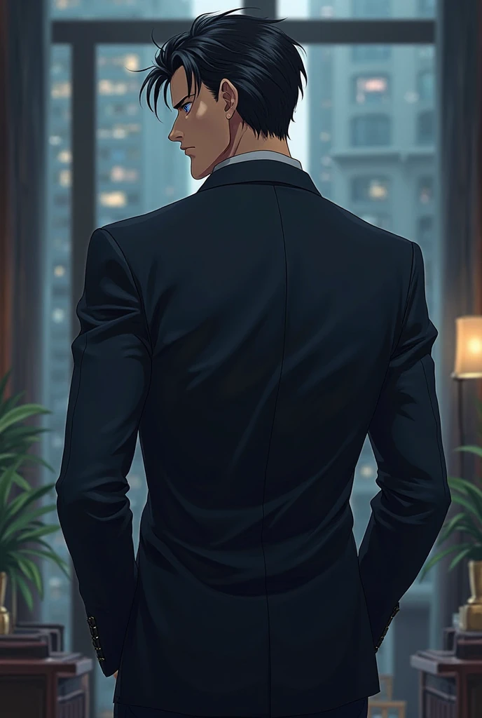 (absurdres, highres, ultra detailed), (1 male, solo, adult, mature:1.4, aged up:1.4, old age, tall muscular guy, broad shoulders, handsome), very short hair, black hair, pomade, brown eyes, (angular jaw:1.4, thick neck:1.4, thick eyebrows:1.4), BREAK, night, dark, the night view of the city through a large window, formal suit, necktie, BREAK, upper body, --auto --s2
