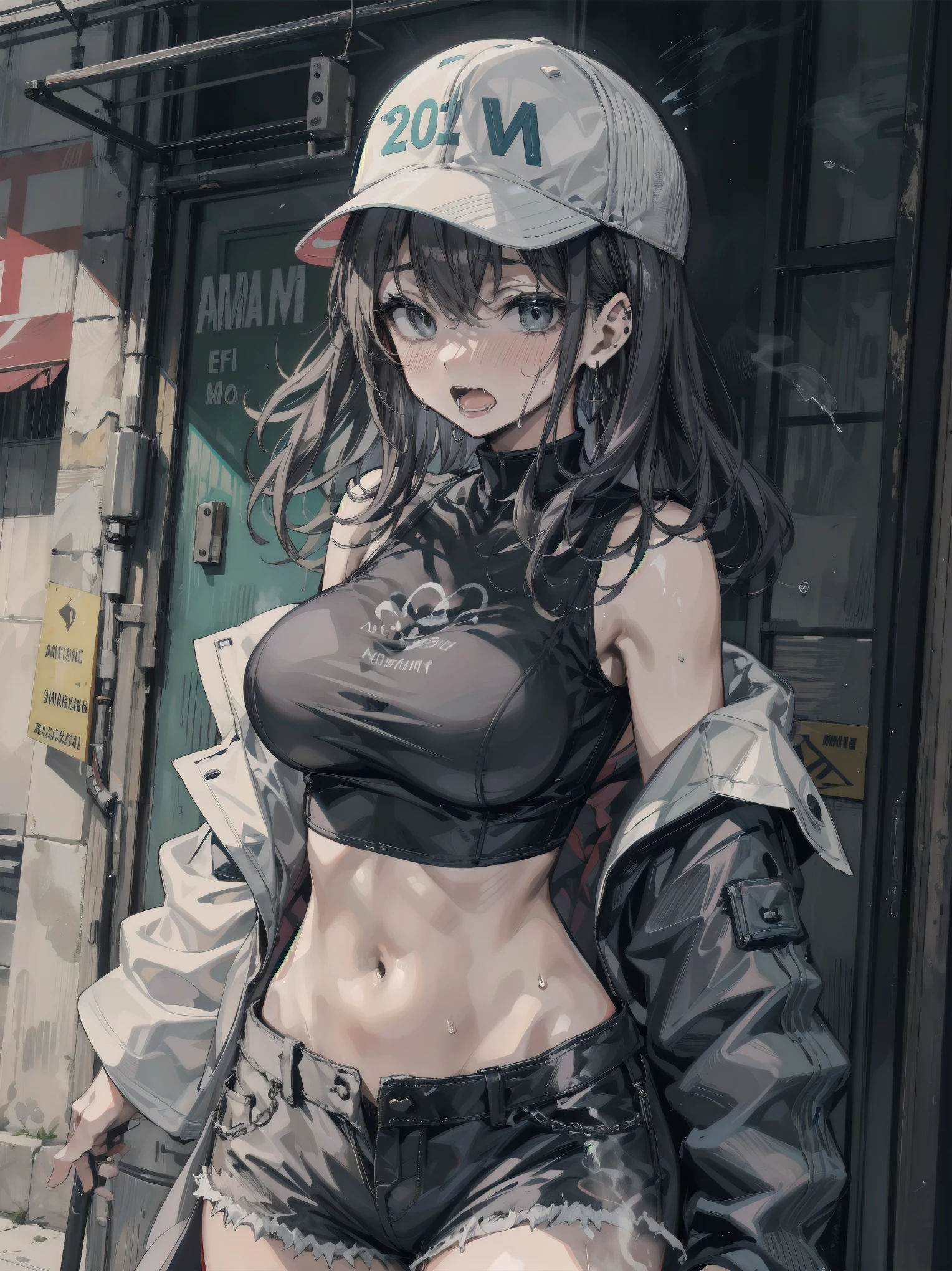 girl spacepunk,(((1girl))),((beautiful girl with bright and luminous cat ears)),
(large breasts:1.4),saggy breasts,((black hair,black messy hair,colored inner hair,large hair,absurdly long unkempt hair:1.35,long black hair,ear breathing)),((((cat ears,cat ears on head,big cat ears)))),(((pink eyes:1.3,upturned eyes:1.3,perfect eyes,beautiful detailed eyes,finely detailed beautiful eyes:1,symmetrical eyes:1))),((fat)),(((lustrous skin:1.5,bright skin: 1.5,skin tanned,shiny skin,very shiny skin,shiny body,plastic glitter skin,exaggerated shiny skin,illuminated skin,wet legs))),(spider lower abdomen,narrow waist,wide hip,athletic body,inflated legs,delicate detailed fingers,detailed body,human hands,(detailed face)),
cute,slutty,seductive,erotic,(((nsfw))),
(graffiti art in clothes),zettai ryouiki,revealing clothing,show skin,(((underboob))),(cleavage),(semi-naked,with little clothing,((tiny thong)),bare legs,visible thong straps),((((crop top hoodie,cropped hoodie,hoodie,hoodie intricate)))),((wet clothes,detailed outfit,detailed clothes)),
(dynamic pose:1.0),solo focus,embarrassed,(centered,scale to fit dimensions,Rule of thirds),
cyberpunk city by the ocean at night, with bright neon signs and dark stormy clouds and puddles,
High resolution, sharp focus, (ultra detailed, extremely detailed), (photorealistic artwork:1.37), 8k wallpaper,((synthwave background theme)),(((vibrant colors,))),(intricate),masterpiece,(best quality),synthwave neon colors,