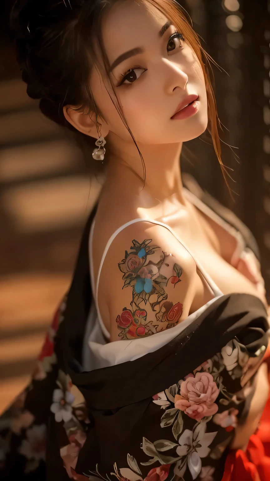 (original photo: 1.5, Reality: 1.5, 8k, top quality, masterpiece, Ultra-high resolution), Japan, World of Magic and Swords, Perfect dynamic composition: 1.2, mystery: 1.3, Detailed skin and facial texture: 1.3, Cute slender female warrior, Beautiful and beautiful: 1.2, Cute sexy beauty, 完美wind格, Wearing a delicate ring, holding a Japanese sword: 1. 1, fire, water, wind, lightning, ice, beautiful skin, Very beautiful face, (Shy laugh, Expressions when feeling a strong caress, facial expression when feeling happy), (Wearing a Kimono: 1.1,), (Beautiful blue eyes, Beautiful and full eyes: 0 .8), (Too: 0.9, Fascinating: 0.9), (close up, Full body tattoo, night, Fascinating lighting)