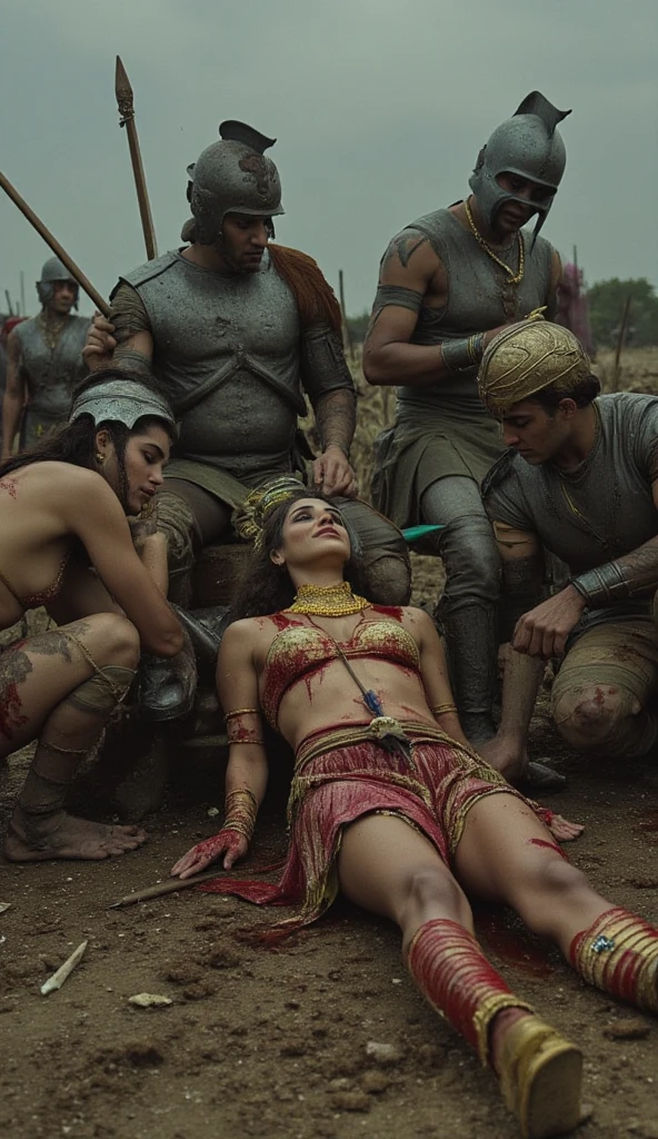 ritual of sacrifice in aztec temple. Lara Croft sleeps on altar, with aztec priests , close up, dagger, gritty