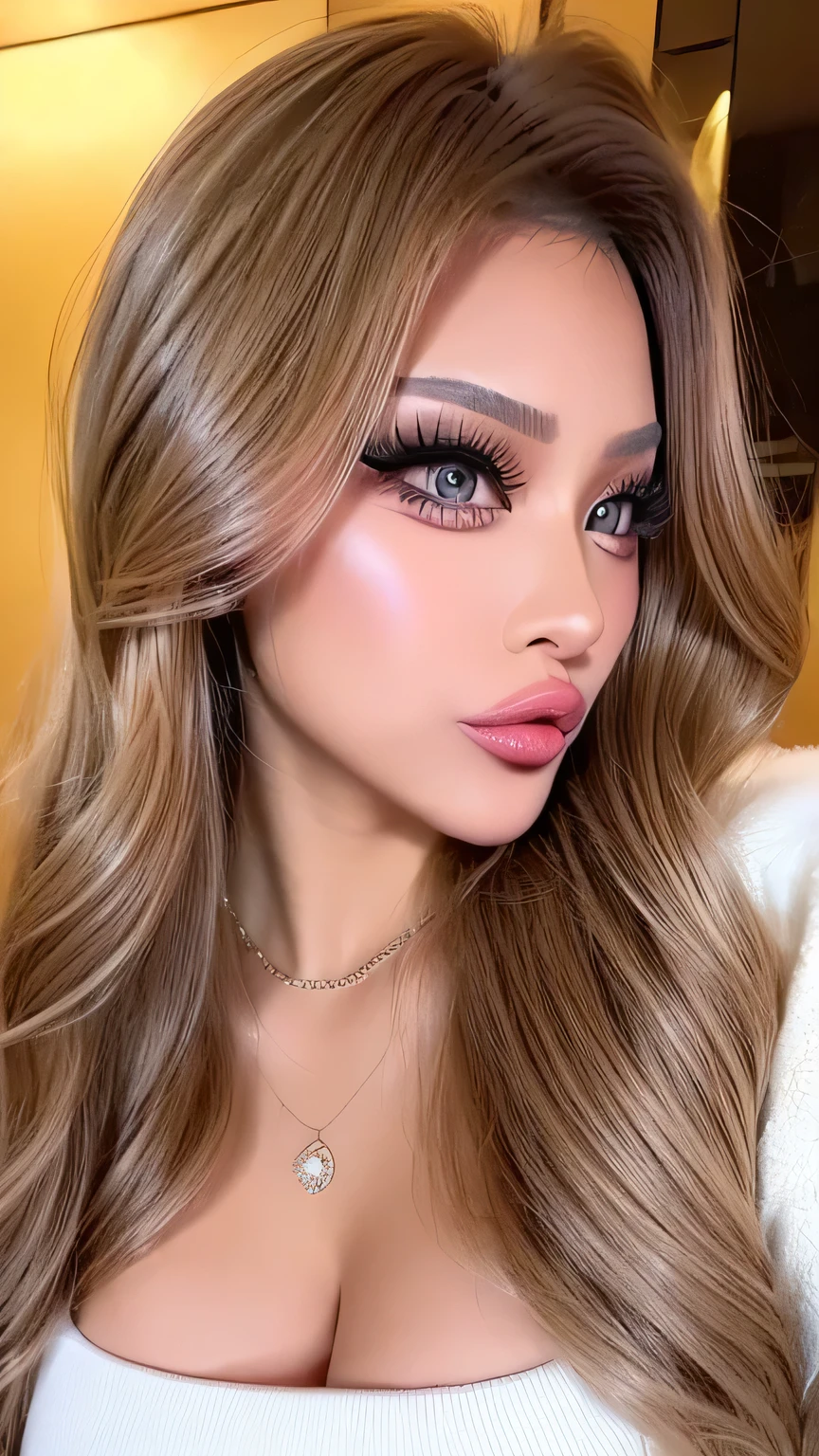((最 high quality ,masterpiece, high quality )) 16k、gravure ,Xiaoyang, 最 high quality , shape, Extremely detailed BeautifulBig Breasts, high image quality, 8k ,wallpaper, perfect dynamic structural shape, duck mouthにセクシーな唇 、shine glitter lip gloss、Metallic lips、METALLIC LIQUID LIP COLOR,metallic lips, big lips,x ornament , ornament , duck face, duck mouth、Focus on thick lips, Pink Metallic Lips Gloss、duck mouthにセクシーな唇、 curly hair long 、 big eyes and high gaze , Long Lashes :1.35, natural colored lips without getting wet, Sexy gal makeup、 there are many women who have adult-like sex 、Loose, fluffy, Erotic sweater, Bold Sexy Poses , 25 year old woman with Big Breasts , beautiful , attractive to the camera , super realistic raw photos, Supermodel's Body in 1 Picture , beautifulBig Breastsでナイスバディ、Sexy gal makeup、( heavy makeup for women :1.2)、( dark brown beige eyes :1.1)、 beautiful bright eyeshadow 、 dark makeup 、( Big Breasts :1.2)、 (Romantic affection:1.1)、 can you take a look at this It shows me the best smile 、( that emphasizes body lines ....:1.1)、( strongly blurry 、 Showing off her perfect body :1.1)、( strongly blurry background:1.1)、 Accurate Anatomy、 ultra HD hair、( Super High Image Quality Perfect Beautiful Teeth:1.1)、 Ultra HD beautiful face 、 ultra HD hair、 crystal clear bang 、Ultra HD Shining Eyes、Shining Super High Image Quality Beautiful Skin、 Super High Image Quality Glossy Lips、 harry winston necklace