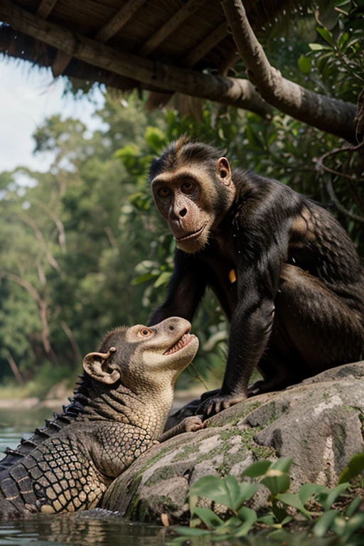 A monkey with a hedgehog fighting against a porcupine and a mountain monkey