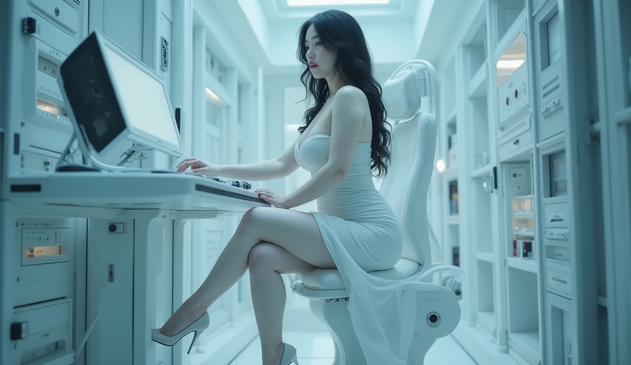 far elevated shot of (1woman), wide frame shot, full body pose, an albino European [South East Asian] mixed woman, (Caucasian), ((albino)), cute chubby, big breast, thick thighs, (white pale skin), black hair, sitting on sci-fi electrical instruments, working with the quantum computer, wearing a white midi dress with a thigh-high slit, (((high heels))), exposing her legs and foot, (legs), the futuristic cyber-themed indoor environment surrounds her with soft lighting. very sharp and detail, high definition, 4K