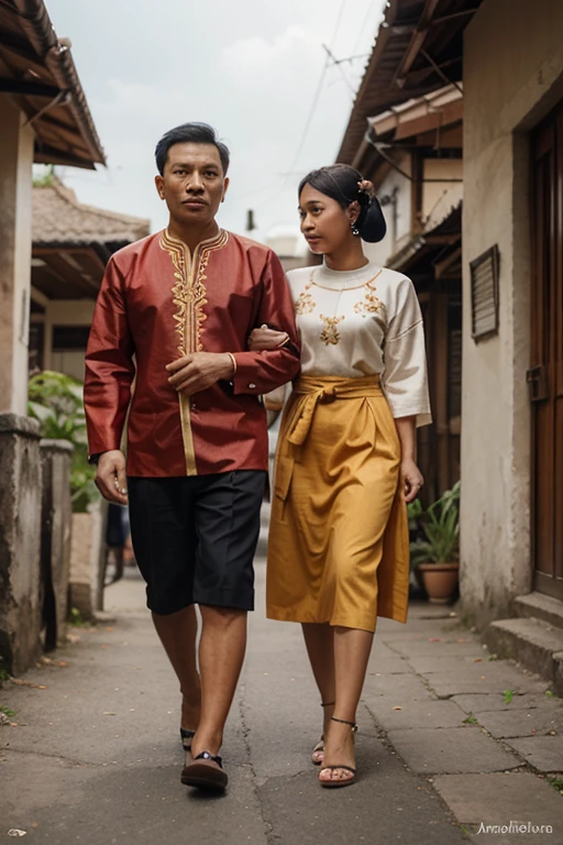 photography, this couple young Indonesian have a clean face, wear batik javanese ordinary pre-wedding clothes, standing and holding hands intimately , a little smile ,dramatically, indicating dramatic art, dark violet and red decorated green lush leaves cherry blossom tree pots on the right and left side, lantern heart shaped, text tittle the name "PUTRA & AYU", letters are on red white heart logo behind them, use unique and latin font, a little dim light