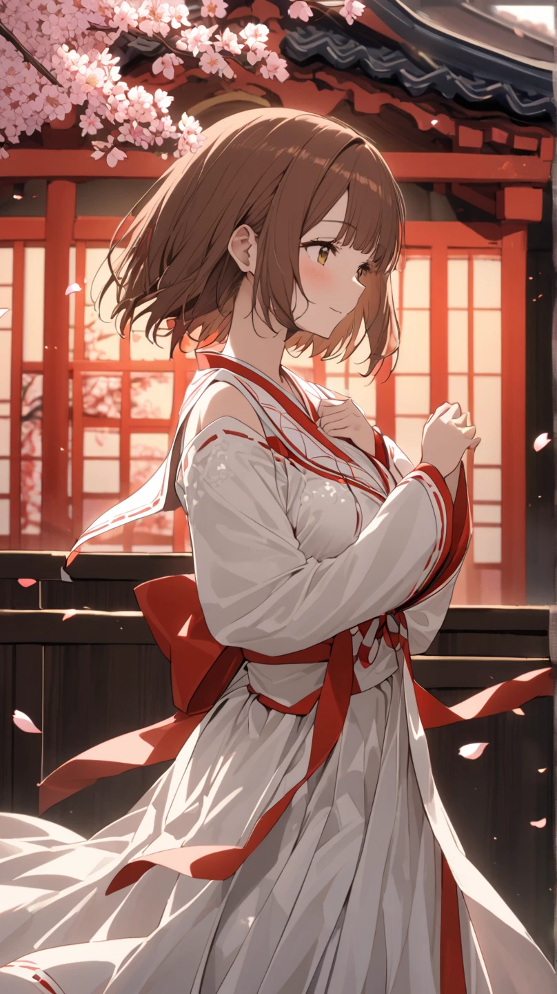 16K brown shrine maiden with short hair bangs super delicate red shrine maiden costume 　　Shorter hakama　　 shoulder　Chest Valley　　absolute region with to　white tights above the knee　　 Moe Sleeve Background Under the Cherry Blossom Tree　Petals fluttering　　Kyoto　Confession Line Narrow Super Delicate Hand　fantastic　Dance gracefully　Side view　whole　Rin々expression　　evening　Moonlight　