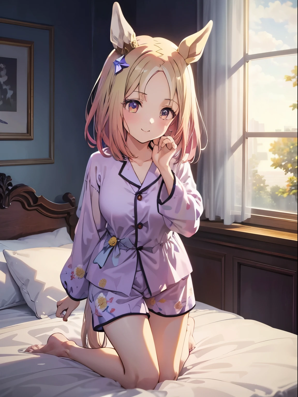 Narita Top Road \(Uma Musume\), 1 girl, Alone, anime style,cute girls,Best Quality, super detailed, anime style,8k, high resolution, detailed face, smile, (( purple pajamas)),((purple loungewear shorts)),(rooms in Japan),((standing on one knee on the bed)),((is shy)), I dye my cheeks red,Above the knee images,(smooth thighs),(Up image looking up)