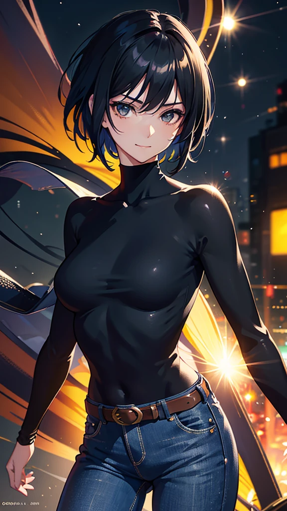 1girl,black hair,golden eyes,glowing eyes,Valiant face,sharp eyes,shirt hair,big ,tight shirt,black shirt,stars,sky background,night sky,golden eyes,short hair,black hair,tight shirt,sexy nippls