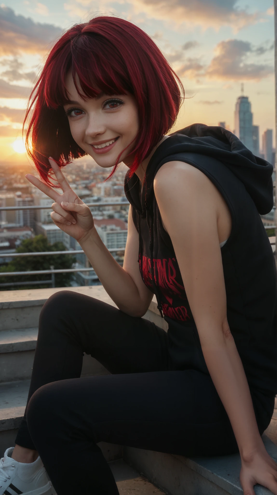 masterpiece, best quality, solo, 1girl, k4narnd, smile, looking at viewer, sitting, on stairs, arm support, v, medium hair, red hair, bob cut, inverted bob, red eyes, black hoodie, sleeveless hoodie, hood down, drawstring, black pants, denim, outdoors, sunset, cloud, cityscape