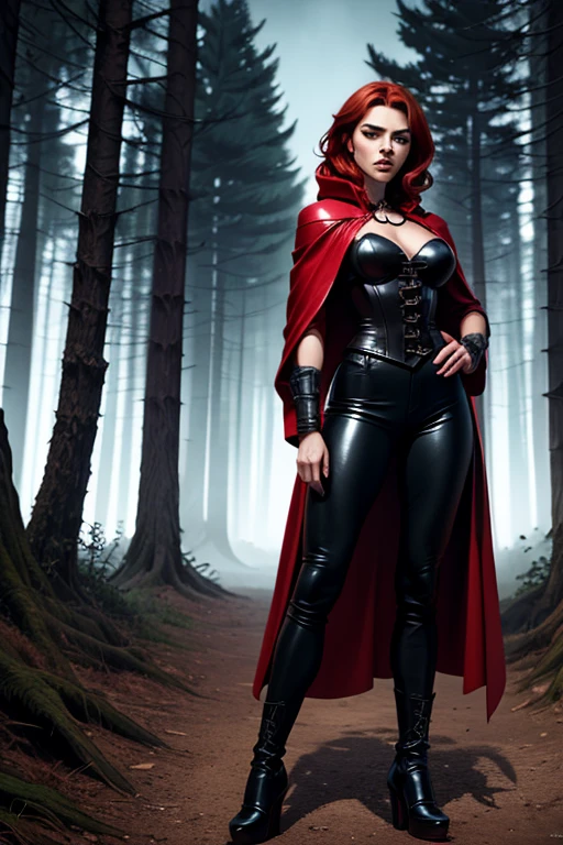 portrait of a kitsune, illustration, nsfw, fantasy, (masterpiece, best quality:1.3), (highly detailed:1.5), UHD, 8K, beautiful, jawline, cheekbones, (red lips, red eyes), brown hair, long hair, collarbone, large breasts, leather cloak, red cloak, looking at viewer, full body, (amazing background), (depth of field)